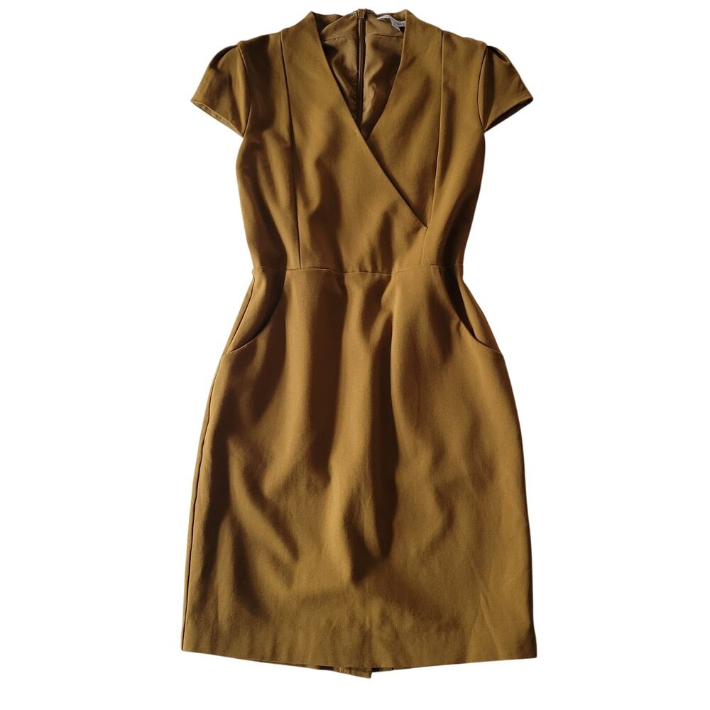 41 Hawthorn Mustard Faux Wrap Sheath Dress Cap Sleeve Career Midi MED Pockets